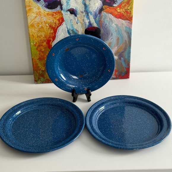 Bundle Blue Speckled Enamelware Dinner Plates (2) and A Soup Bowl Cinso & Tres - Picture 4 of 10